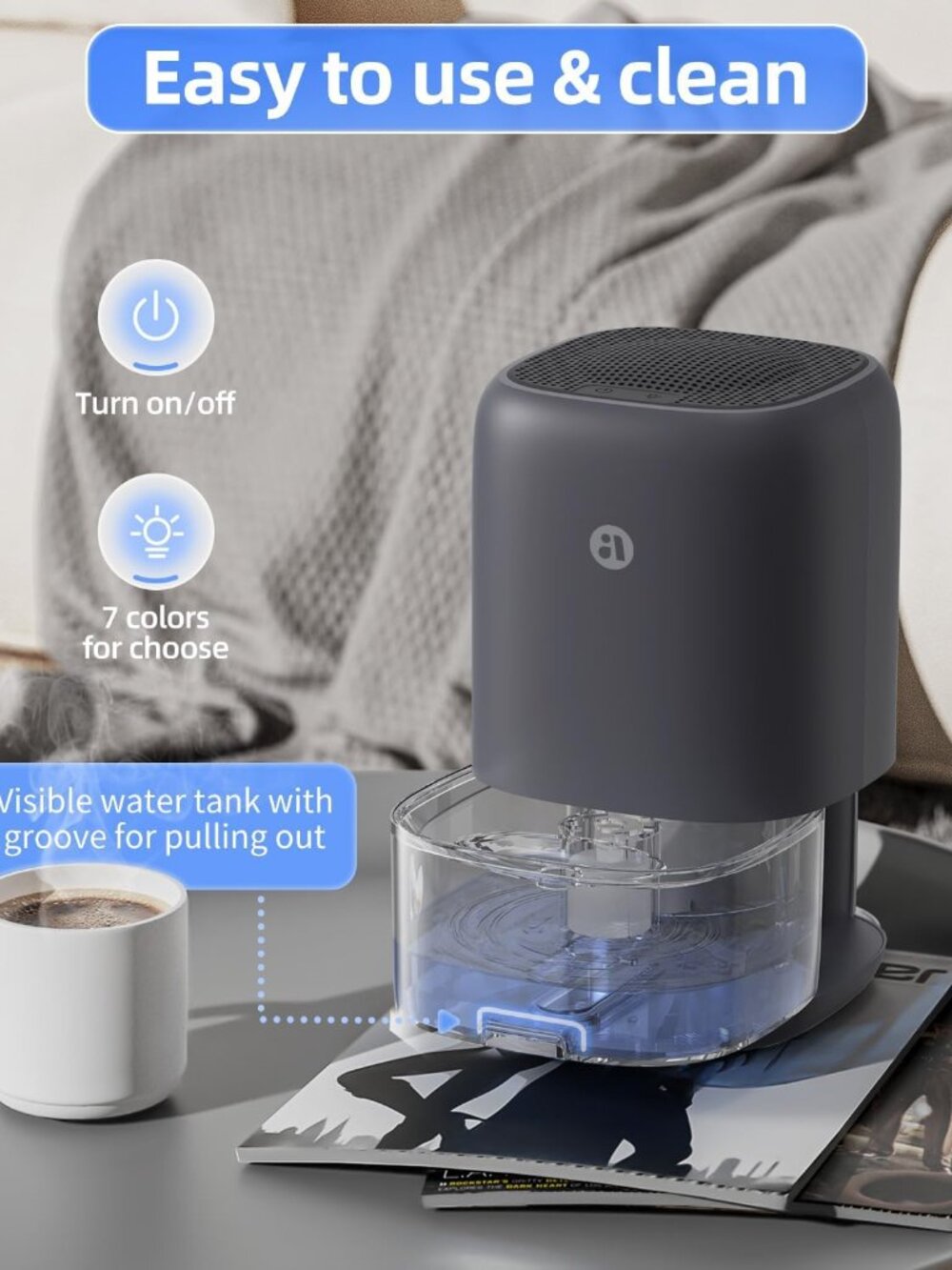 Dehumidifier, 35 OZ Small Dehumidifiers for Bedroom for Home, Quiet with Auto Sh - Picture 5 of 8